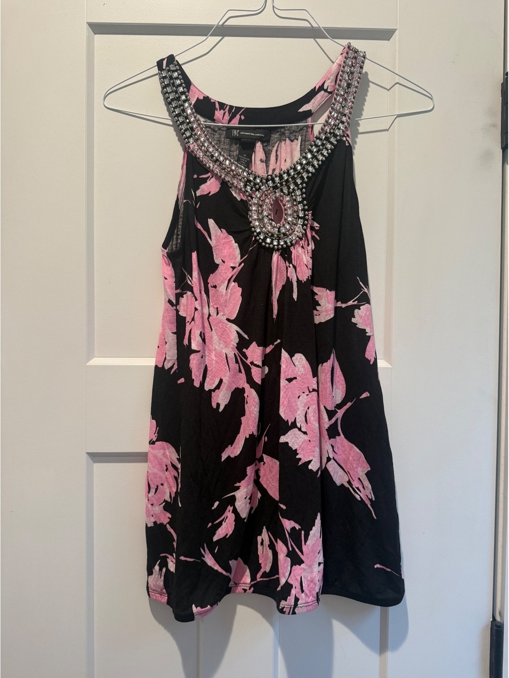 INC International Concepts Pink Black Floral Embellished Tank Top M Rhinestone